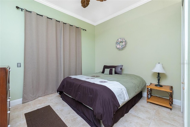tiled bedroom featuring baseboards, a ceiling fan, and crown molding