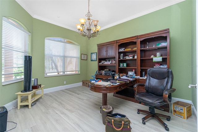 office featuring ornamental molding, a notable chandelier, baseboards, and light wood-type flooring