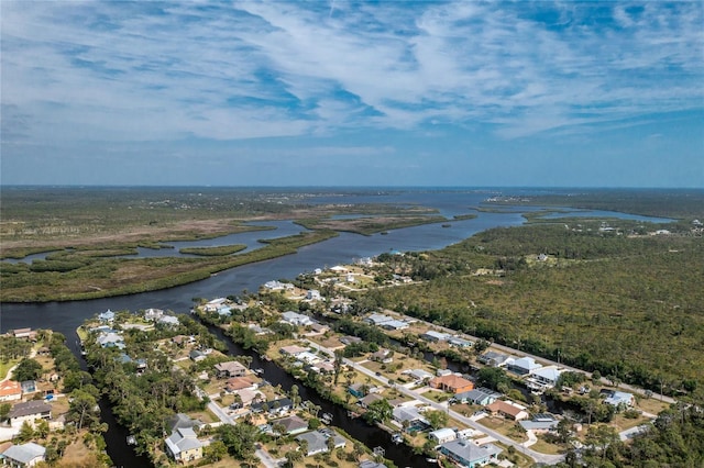 aerial view featuring a water view and a residential view