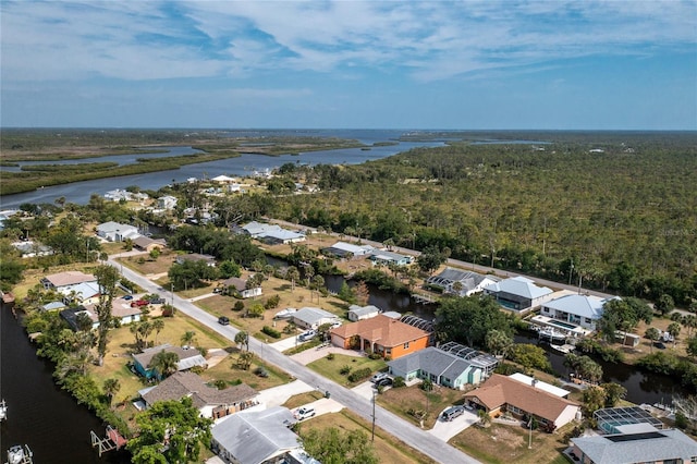 birds eye view of property with a residential view, a water view, and a forest view