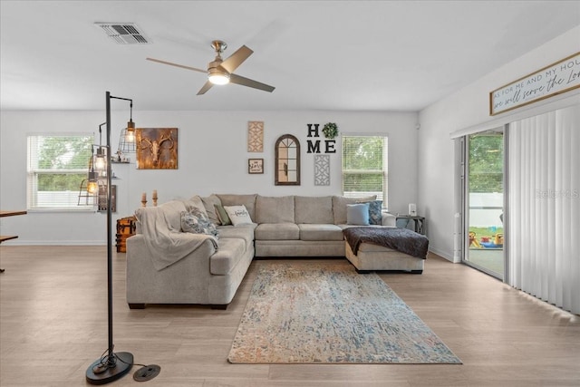 3476 Brewster Rd, North Port, FL 34288 - living room featuring light wood-style floors, visible vents, baseboards, and ceiling fan