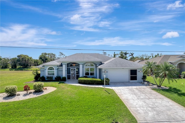 229 Sportsman Rd, Rotonda West, FL 33947 - view of front of property featuring roof with shingles, a front lawn, driveway, a garage, and stucco siding
