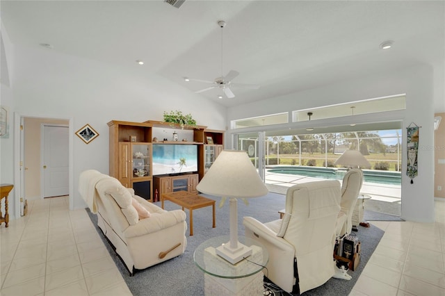 229 Sportsman Rd, Rotonda West, FL 33947 - living room with high vaulted ceiling and a ceiling fan