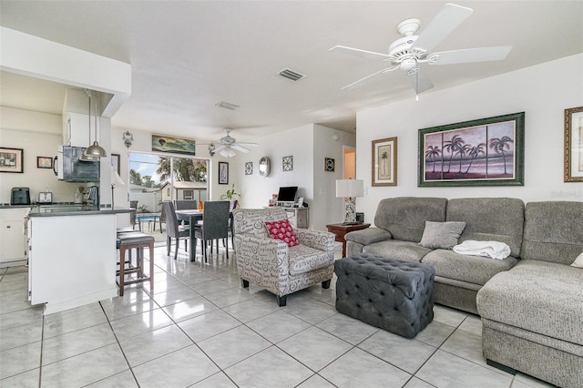242 Seminole Blvd NW, Port Charlotte, FL 33952 - living room with light tile patterned flooring, a ceiling fan, and visible vents