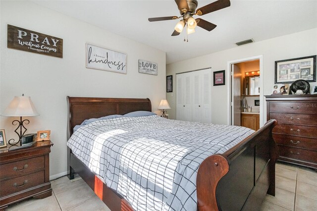 242 Seminole Blvd NW, Port Charlotte, FL 33952 - bedroom featuring light tile patterned floors, ceiling fan, connected bathroom, a closet, and visible vents