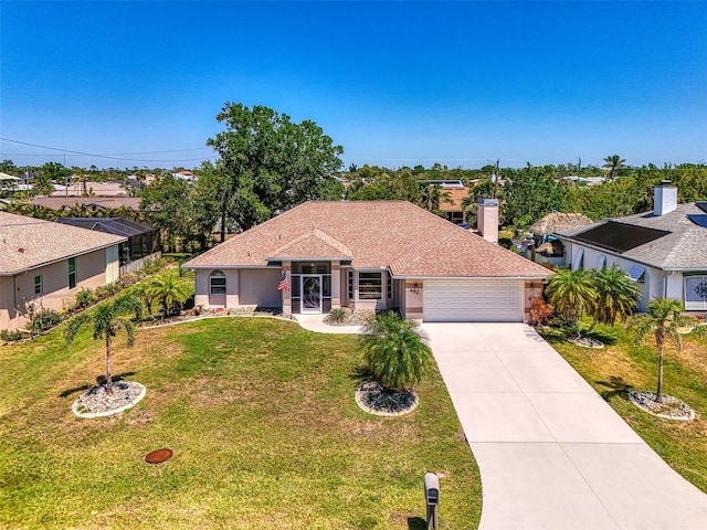 ranch-style home with a garage, stucco siding, driveway, and a front lawn