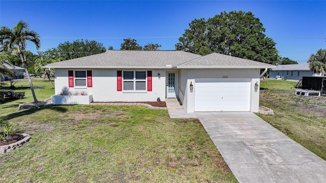 2621 Larkspur Dr, Punta Gorda, FL 33950 - single story home featuring stucco siding, a front yard, an attached garage, a shingled roof, and concrete driveway