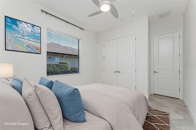 bedroom featuring visible vents, a closet, and a ceiling fan