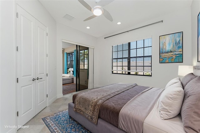 bedroom with a ceiling fan, visible vents, and recessed lighting