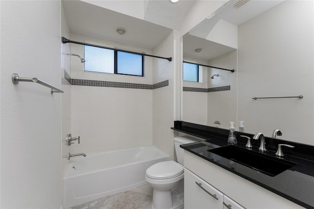 full bath with visible vents, toilet, vanity, and  shower combination