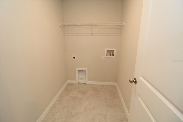 laundry area featuring hookup for an electric dryer, baseboards, light tile patterned floors, laundry area, and hookup for a washing machine