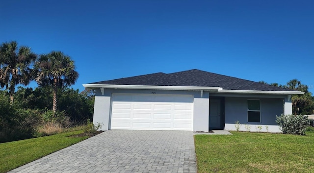 4071 Conestoga St, Port Charlotte, FL 33948 - view of front facade featuring a front yard, a shingled roof, a garage, stucco siding, and decorative driveway