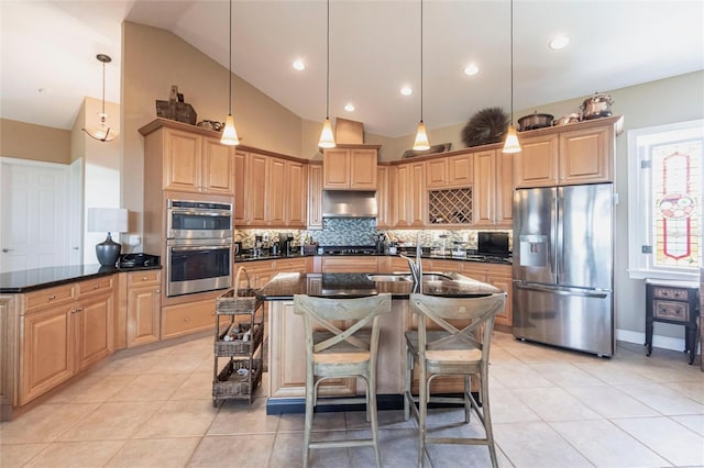 3712 Balboa Ct, Punta Gorda, FL 33983 - kitchen with stainless steel appliances, tasteful backsplash, under cabinet range hood, light tile patterned floors, and high vaulted ceiling