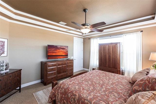 3712 Balboa Ct, Punta Gorda, FL 33983 - carpeted bedroom with ornamental molding, baseboards, a tray ceiling, and ceiling fan