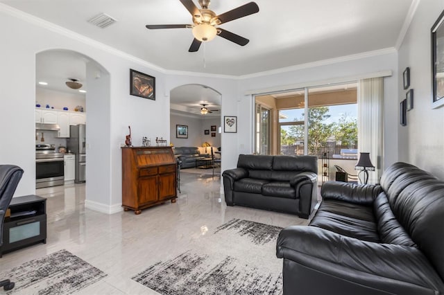 16450 Bauers Ave, Port Charlotte, FL 33954 - living area with visible vents, arched walkways, ceiling fan, crown molding, and marble finish floor