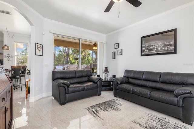 16450 Bauers Ave, Port Charlotte, FL 33954 - living room featuring crown molding, ceiling fan, arched walkways, visible vents, and marble finish floor