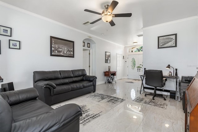 16450 Bauers Ave, Port Charlotte, FL 33954 - living room with arched walkways, a ceiling fan, ornamental molding, visible vents, and marble finish floor