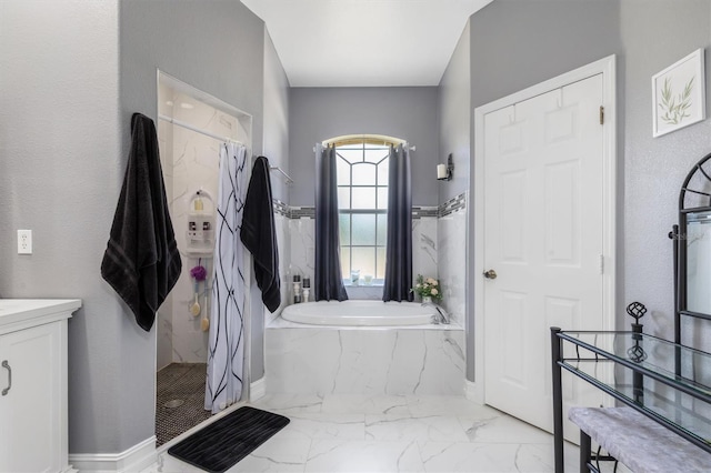 16450 Bauers Ave, Port Charlotte, FL 33954 - bathroom featuring a bath, marble finish floor, vanity, and a shower with curtain
