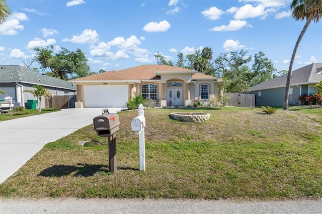 16450 Bauers Ave, Port Charlotte, FL 33954 - mediterranean / spanish-style house featuring fence, an attached garage, stucco siding, and concrete driveway