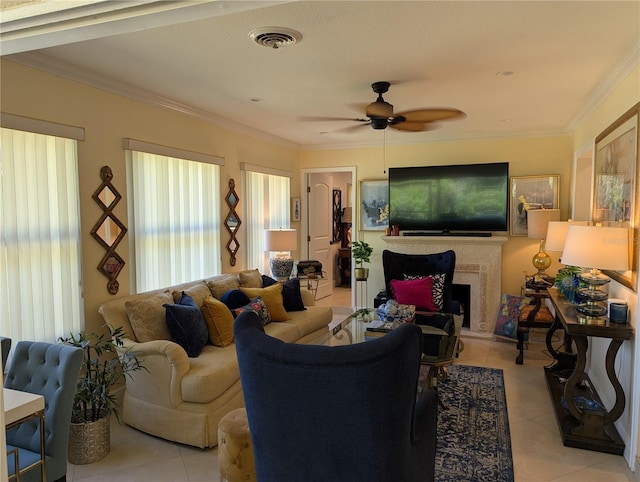 1233 Dewhurst St, Port Charlotte, FL 33952 - living area with ceiling fan, light tile patterned floors, ornamental molding, a fireplace with raised hearth, and visible vents