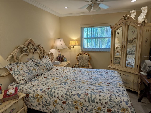 1233 Dewhurst St, Port Charlotte, FL 33952 - tiled bedroom with ornamental molding, ceiling fan, and recessed lighting