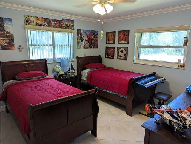 1233 Dewhurst St, Port Charlotte, FL 33952 - bedroom with crown molding, ceiling fan, multiple windows, and light tile patterned flooring