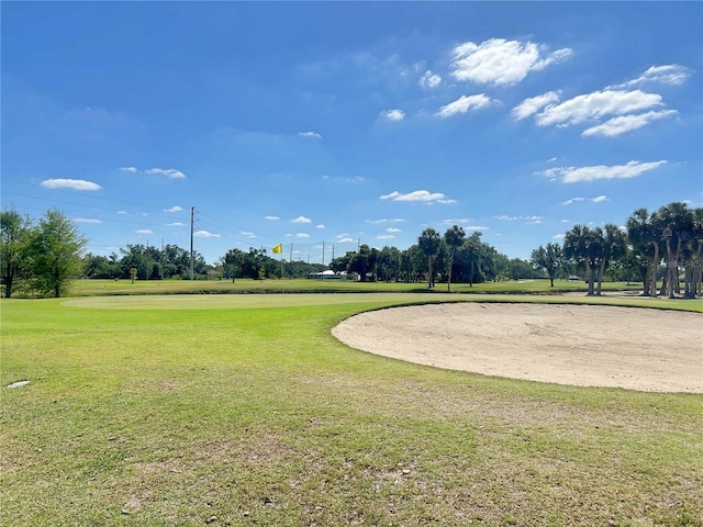 view of community featuring a lawn and view of golf course