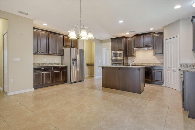 kitchen featuring dark brown cabinets, light tile patterned flooring, a chandelier, stainless steel appliances, and visible vents