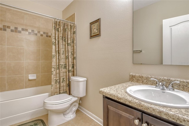 full bathroom featuring vanity, toilet, shower / tub combo, and tile patterned flooring