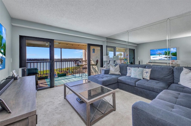1701 Beach Rd Unit 305, Englewood, FL 34223 - carpeted living room with a water view and a textured ceiling