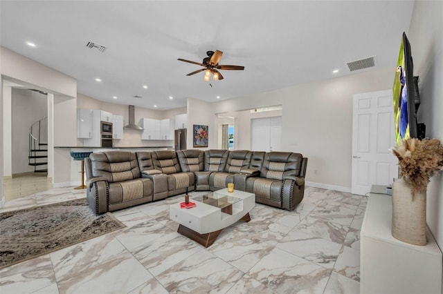 4213 Gardner Dr, Port Charlotte, FL 33952 - living room with light marble finish floors, a ceiling fan, stairway, baseboards, and recessed lighting