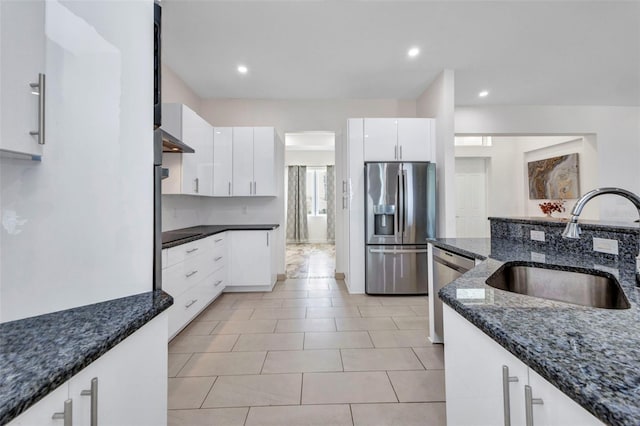 4213 Gardner Dr, Port Charlotte, FL 33952 - kitchen with appliances with stainless steel finishes, a sink, dark stone countertops, white cabinetry, and under cabinet range hood