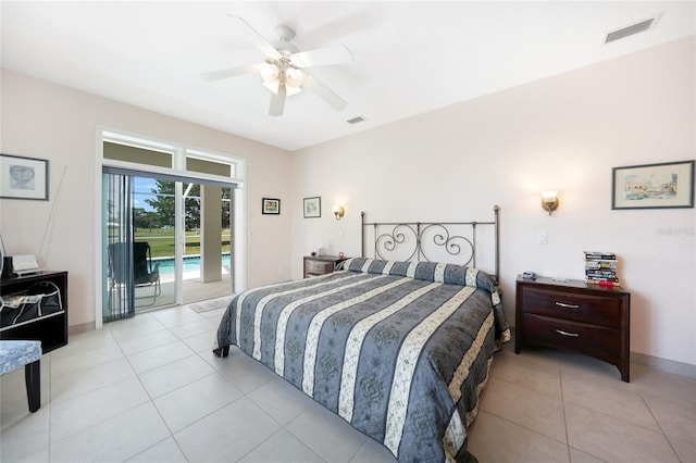 bedroom featuring access to outside, light tile patterned flooring, ceiling fan, and baseboards