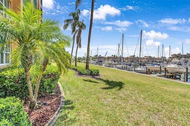view of yard with a boat dock and boat lift