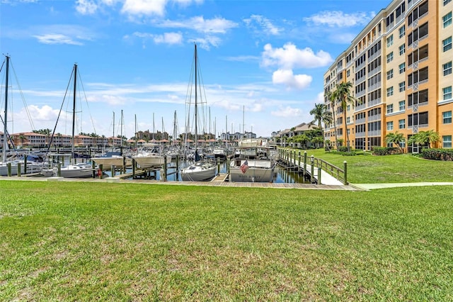 dock area featuring a water view and a yard