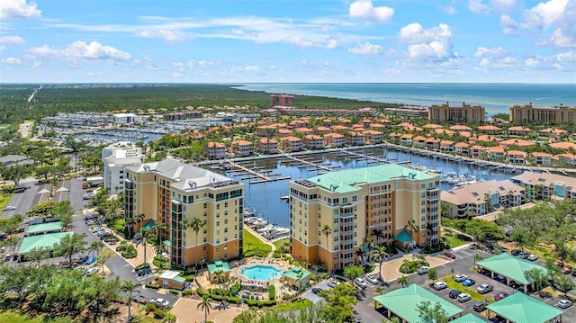 aerial view featuring a water view