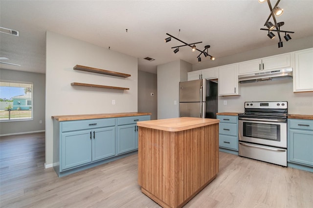 8238 San Jacinto Ave, North Port, FL 34287 - kitchen with wooden counters, under cabinet range hood, stainless steel appliances, open shelves, and blue cabinets