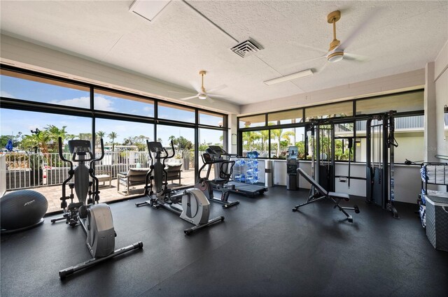 7150 N Tamiami Trl Unit S-600, Sarasota, FL 34243 - workout area with a textured ceiling, ceiling fan, and visible vents