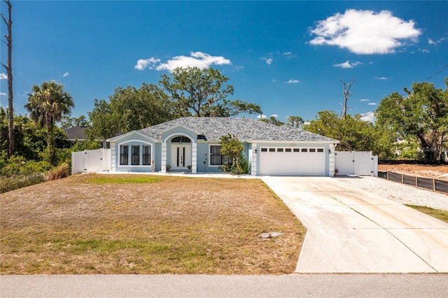 ranch-style house featuring an attached garage, concrete driveway, a front lawn, and a gate