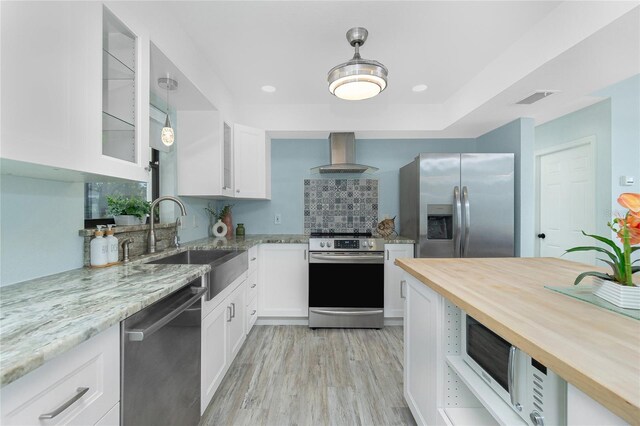 kitchen featuring white cabinets, visible vents, wall chimney exhaust hood, appliances with stainless steel finishes, and a sink