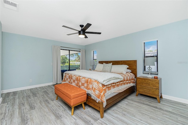 bedroom featuring access to outside, light wood-style floors, ceiling fan, visible vents, and baseboards