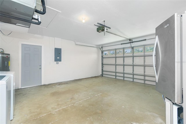 garage with freestanding refrigerator, electric panel, electric water heater, washer and dryer, and a garage door opener