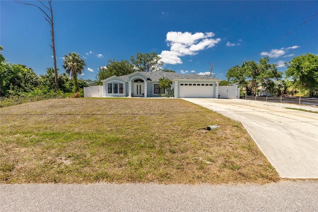 view of front of property with concrete driveway, a front yard, fence, and an attached garage