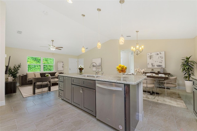 4336 Blackman St, North Port, FL 34291 - kitchen with a sink, vaulted ceiling, visible vents, ceiling fan with notable chandelier, and dishwasher