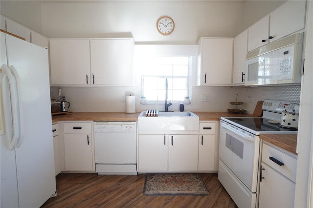 10740 Pearl Bay Cir, Estero, FL 33928 - kitchen with tasteful backsplash, white cabinetry, white appliances, and dark wood finished floors