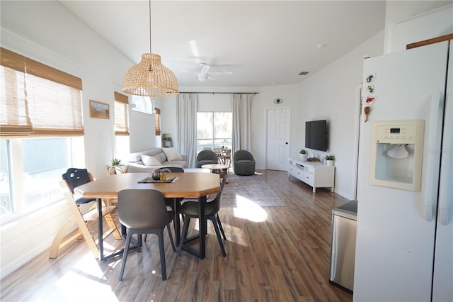 10740 Pearl Bay Cir, Estero, FL 33928 - dining area with dark wood-style floors, a ceiling fan, and visible vents