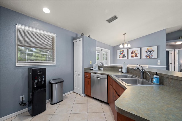1773 Portage St, North Port, FL 34287 - kitchen with visible vents, dark countertops, vaulted ceiling, dishwasher, and a sink