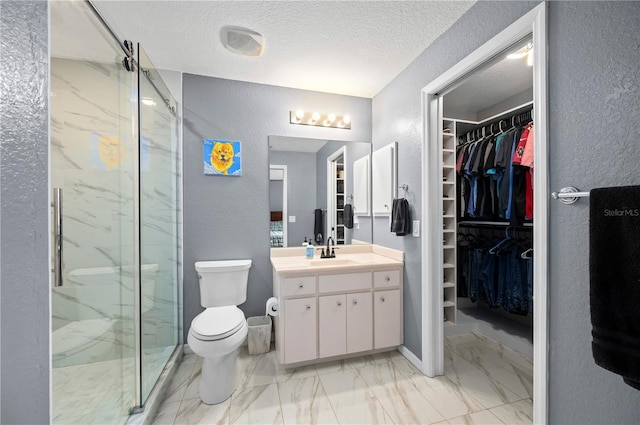 1773 Portage St, North Port, FL 34287 - full bathroom with a textured ceiling, marble finish floor, a spacious closet, a marble finish shower, and a textured wall