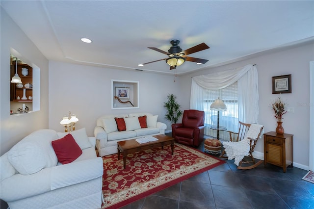 tiled living room with visible vents, baseboards, recessed lighting, and ceiling fan
