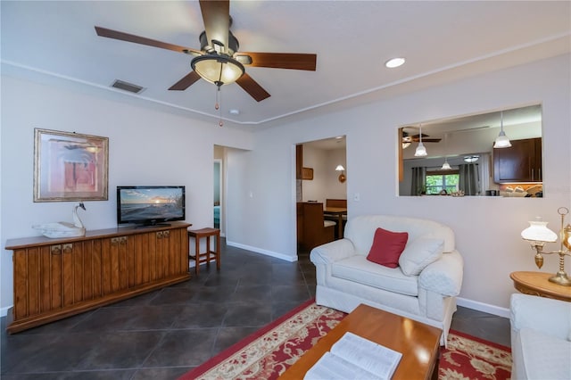 tiled living room featuring recessed lighting, visible vents, baseboards, and ceiling fan